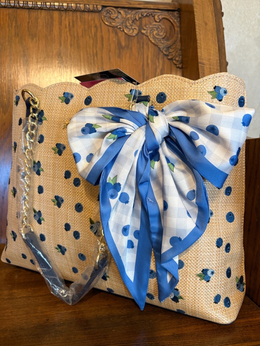 NWT-Betsey Johnson-Blueberry🫐Embroidered-Large XO Tote-Woven Straw-Natural-$118 - Picture 5 of 16